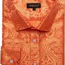 DiBanGu Silk Mens Dress Shirts,Woven Paisley Long Sleeve Button Down Shirt for Men Casual Regular Fit Shirts Wedding Party (Orange, XL)