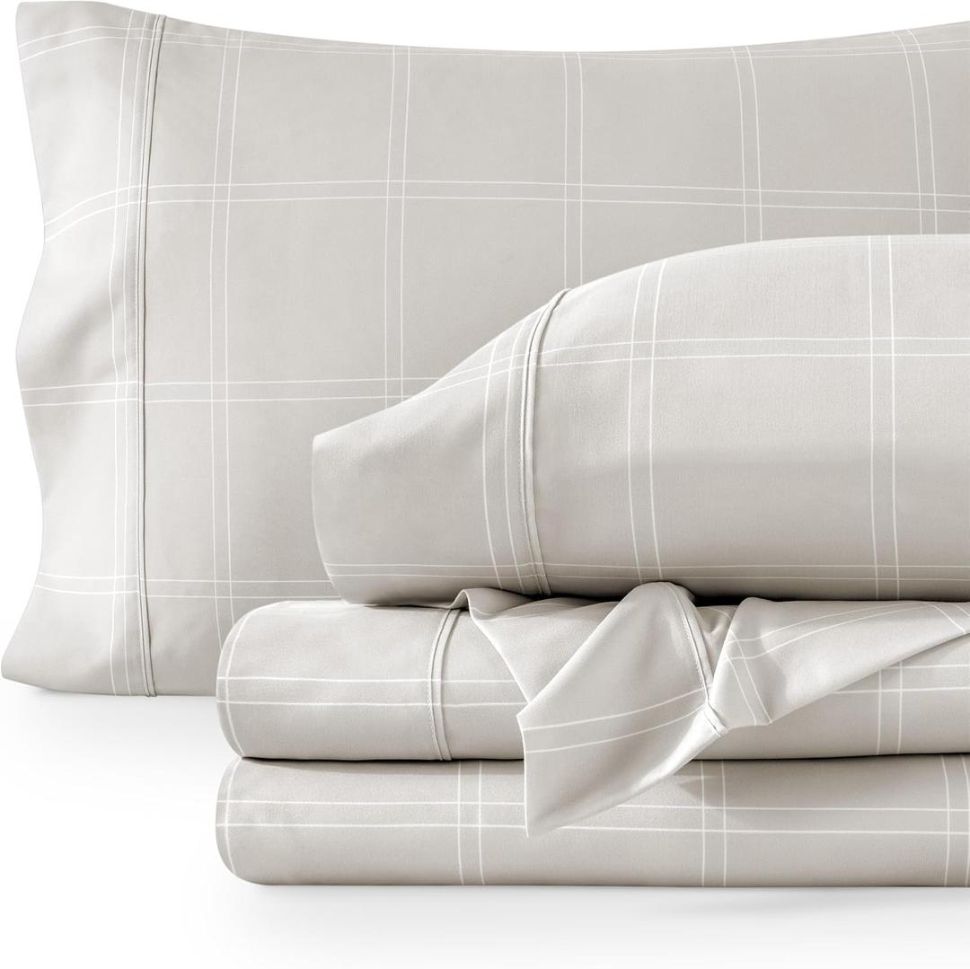 Bare Home Full Sheet Set - Luxury 1800 Ultra- Soft Double Brushed Microfiber - Deep Pockets - Easy Fit - 4 Piece Bedding Sheet Set (Full, Modern Plaid - Stone/White)