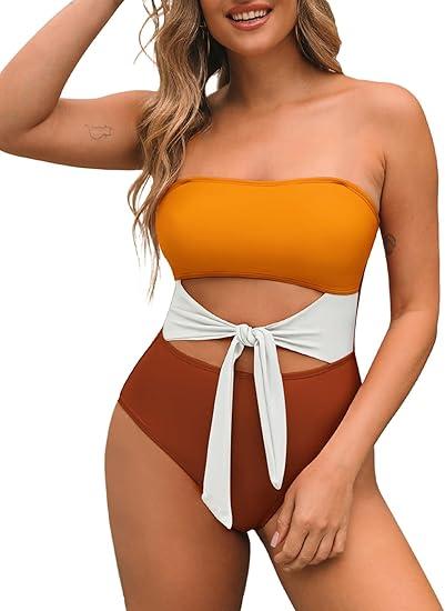 Pink Queen Women Bandeau One Piece Swimsuit Removable Strap Cutout Tie High Waist Bathing Suit Monokini XL