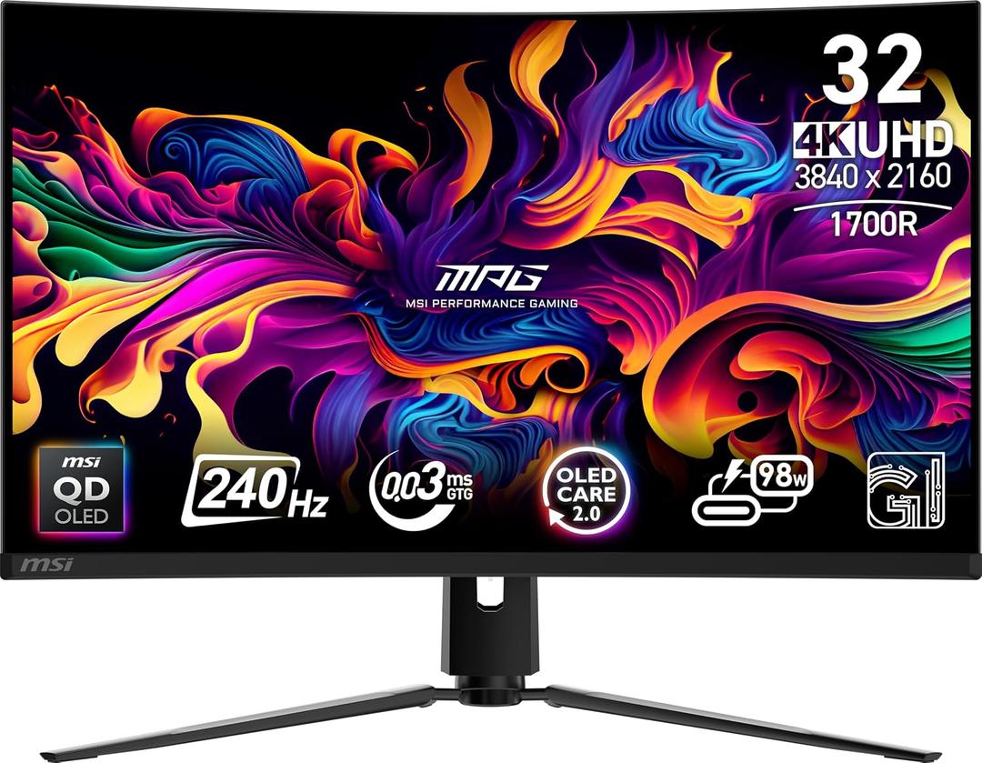 msi MPG 321CURX QD-OLED, 32-Inch,4K UHD, 3840x2160,1700R,OLED Monitor, 240Hz,0.03ms, DisplayHDR True Black 400, G-SYNC Compatible, HDMI 2.1, DP 1.4a, USB C (98W PD),Height Adjustable, Black