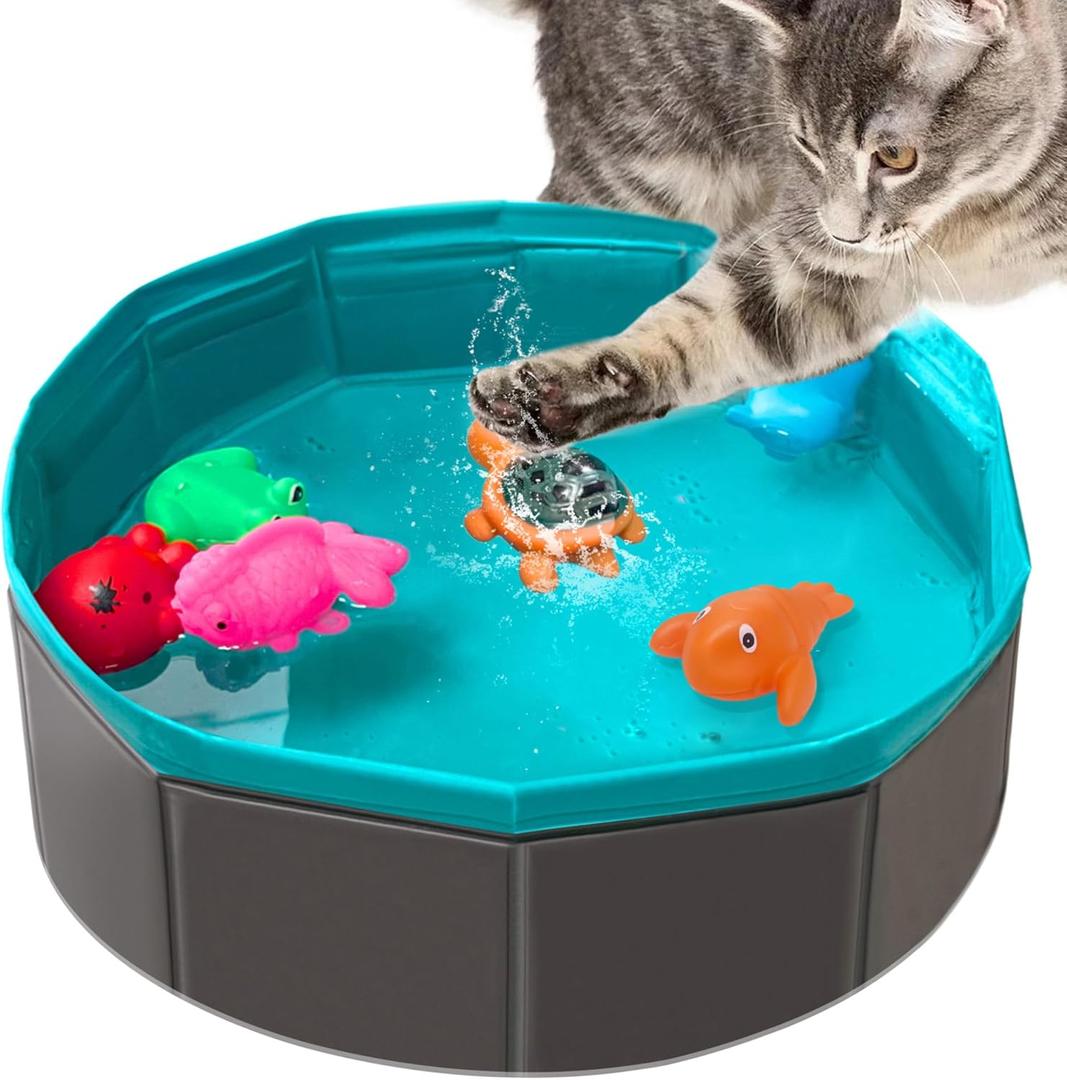 Cat Pool Toy, Water Toys for Cats, Best Cat Toys for Bored Indoor Cats, Hunting Toys for Indoor Catss, Portable Play Mat, Pet Swimming Pool for Self Play Enrichment (1pcs Pool + 6pcs Toy)