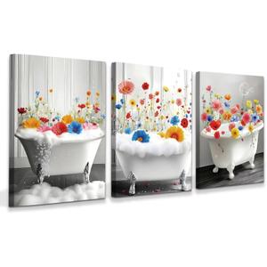 QPOKLAF Funny Bathroom Wall Art Prints,Colorful Wildflower Framed Poster Restroom Aesthetic Decorations Set of 3 (11"x14",Unframed)