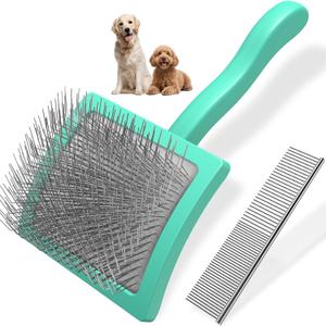 2PCS Slicker Brush for Dogs & Pet Comb,Professional Dog Grooming Brush (Goldendoodles,Poodles,Labradoodles) with Extra Long Pins to Effectively Remove Tangles, Knots and Mats (Cyan, Large)