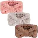 3 Pieces Wash Face Headband Makeup Spa Headband Towel Terry Hair Bands Microfiber Bowtie Headbands Shower Facial Adjustable Headband for Women (Pink, Blue, White) (Pink, Light Camel, Light Coffee)