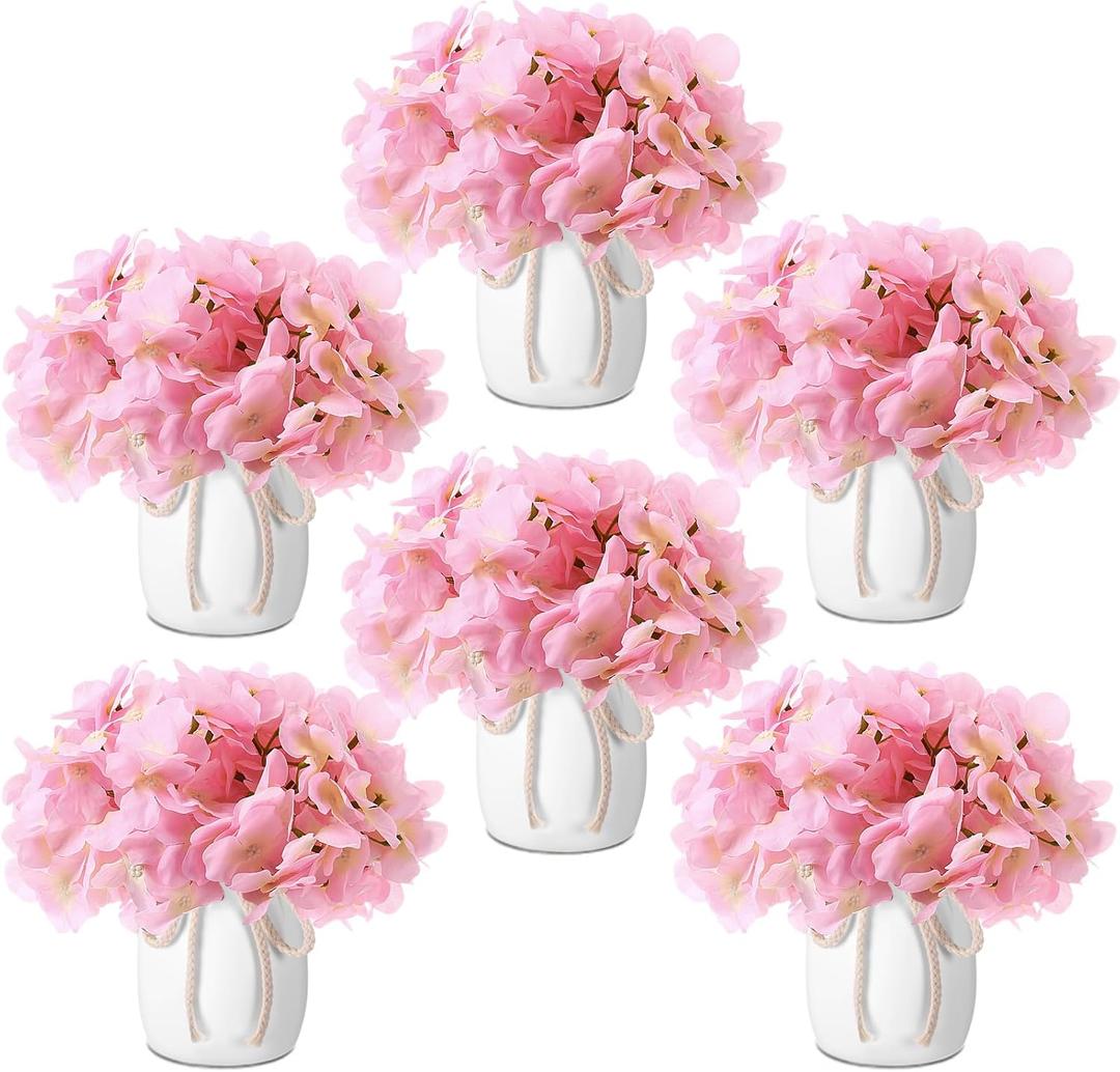 Leinuosen 6 Set Artificial Hydrangea Flowers and Plastic Vases Set Centerpieces Table Decorations Silk Fake Hydrangea Full Flowers Heads with Stems Bulk for Wedding Home Baby Shower (Pink)