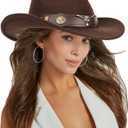 Classic-Western-Cowboy-Hat Wide-Brim Felt-Cowgirl-Fedora-Jazz-Hat for Women Men(Size:S-M) (Coffee With Bull)