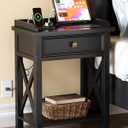 karlott 28" Nightstand with Charging Station, Solid Wood Night Stand with Pre-Assembled Drawer, Painted Bedside Table with Storage Shelf, Farmhouse End Side Table for Bedroom, Living Room, Black