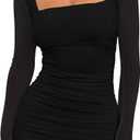 BORIFLORS Women's Sexy Ruched Bodycon Mini Dress Mesh Long Sleeve Club Party Short Dresses (Large, Black)