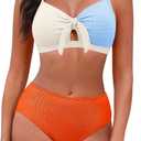 Blooming Jelly Womens High Waisted Bikini Sets Tie Knot Tummy Control Swimsuits Two Piece Bathing Suit Textured Swimwear (Medium, Color Block C5)