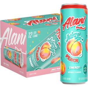 Alani Nu JUICY PEACH, Sugar Free, Low Calorie Energy Drinks, 200mg Caffeine, Biotin, B Vitamins, Zero Sugar, 10 Calories, 12 Fl Oz Cans, 12 Pack (EXP 04/01/27)