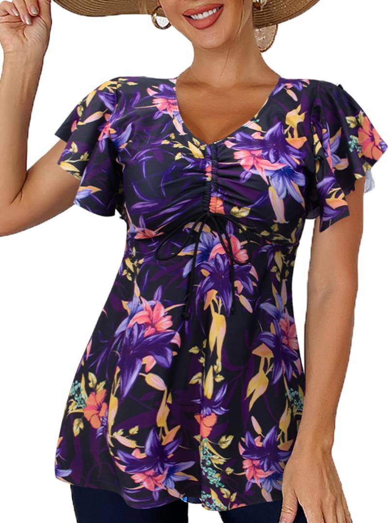 Fanuerg Women's Flowy Tankini Top Only Ruffle Sleeve Swim Bathing Suit Tops Modest Drawstring Swimsuit Top No Bottom (3X-Large, Purple Floral)