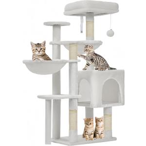 Taoqimiao Cat Tree, 39.4-Inch Cat Tower for Indoor Cats,Suitable for Kittens,Plush Cat Condo with 5 Scratching Posts, Plush Perch,2 Hammock,Pompoms, MS019C Cream White