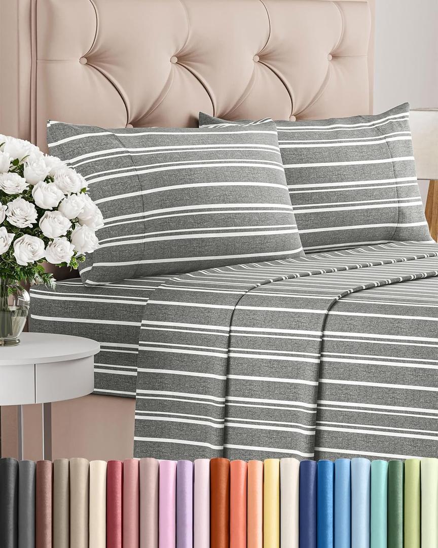 Queen Size 4 Piece Sheet Set - Comfy Breathable & Cooling Sheets - Hotel Luxury Bed Sheets for Women & Men - Deep Pockets, Easy-Fit, Soft & Wrinkle Free Sheets - Grey Stripes Oeko-Tex Bed Sheet Set
