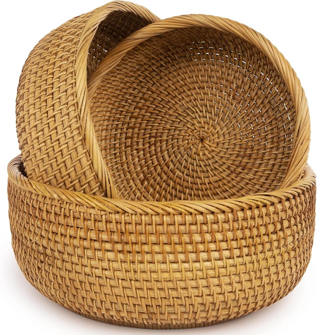CLAYNIX Woven Fruit Basket For Holder Bowl Decorative Bread Vegetable, Serving Bowl Set of 3 For Organizing Kitchen Natural Rattan Picnic Basket Round Stackable (Natural)