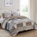 Brilliant Sunshine Paris and Toile Floral Quilt Set, 3-Piece Bedding Sets with 2 Shams, Patchwork Design, Reversible Bedspread, Soft Lightweight Coverlet, All-Season, Full/Queen, Latte Grey