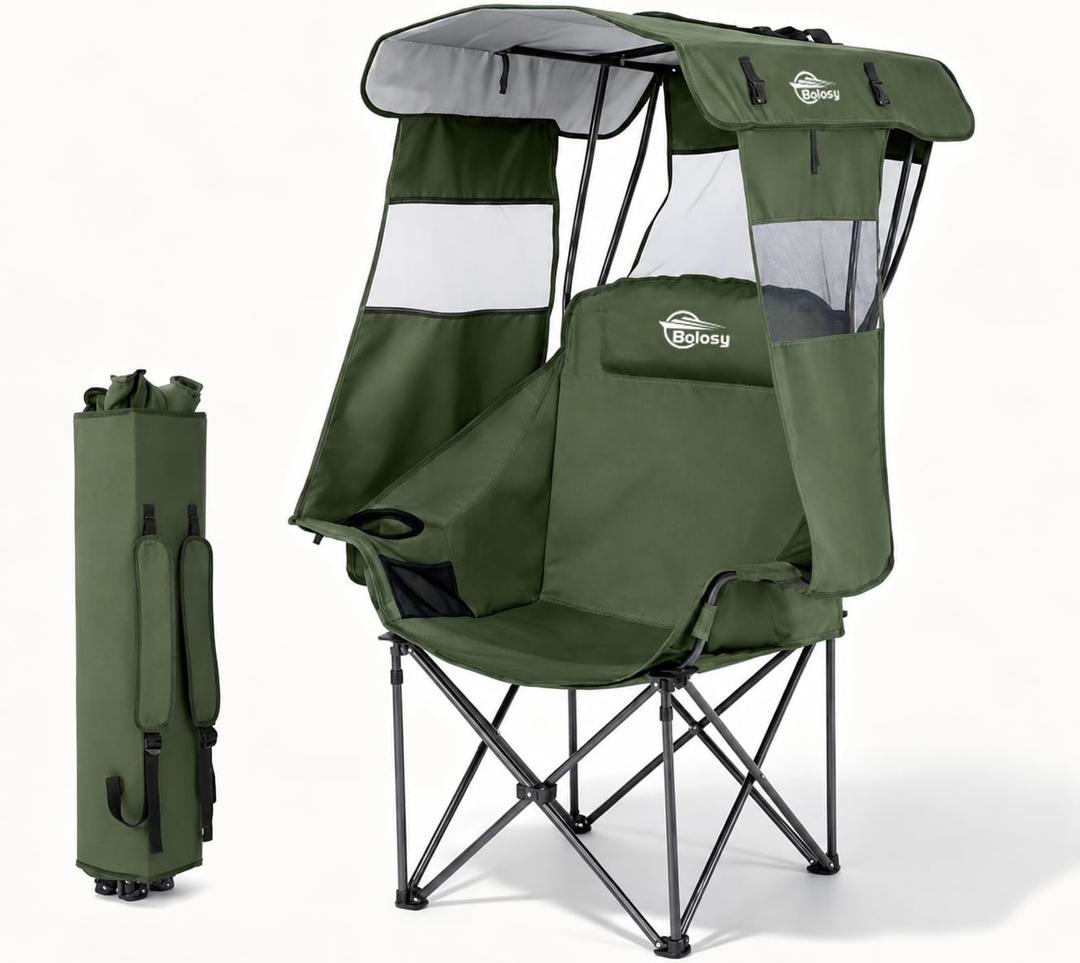 Bolosy Oversized Camping Chair with Canopy Shade Beach Chair with Umbrella | Portable Lawn Chair for Adults with Cup Holder & Pocket, Folding Chair for Fishing Camp Outdoor Sport, Support 400 LBS, Green, 1 PACK