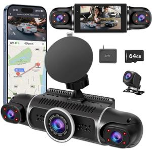 360 Dash Cam Front and Rear View 4 Channel Dash Camera FHD 2K+1080Px3 for Car, Inside/Back 170+2x150+170 Wide Angle, 8 IR Lamps Night Vision,WiFi,GPS, APP,G-Sensor with 64GB Card,24/7 Parking Mode