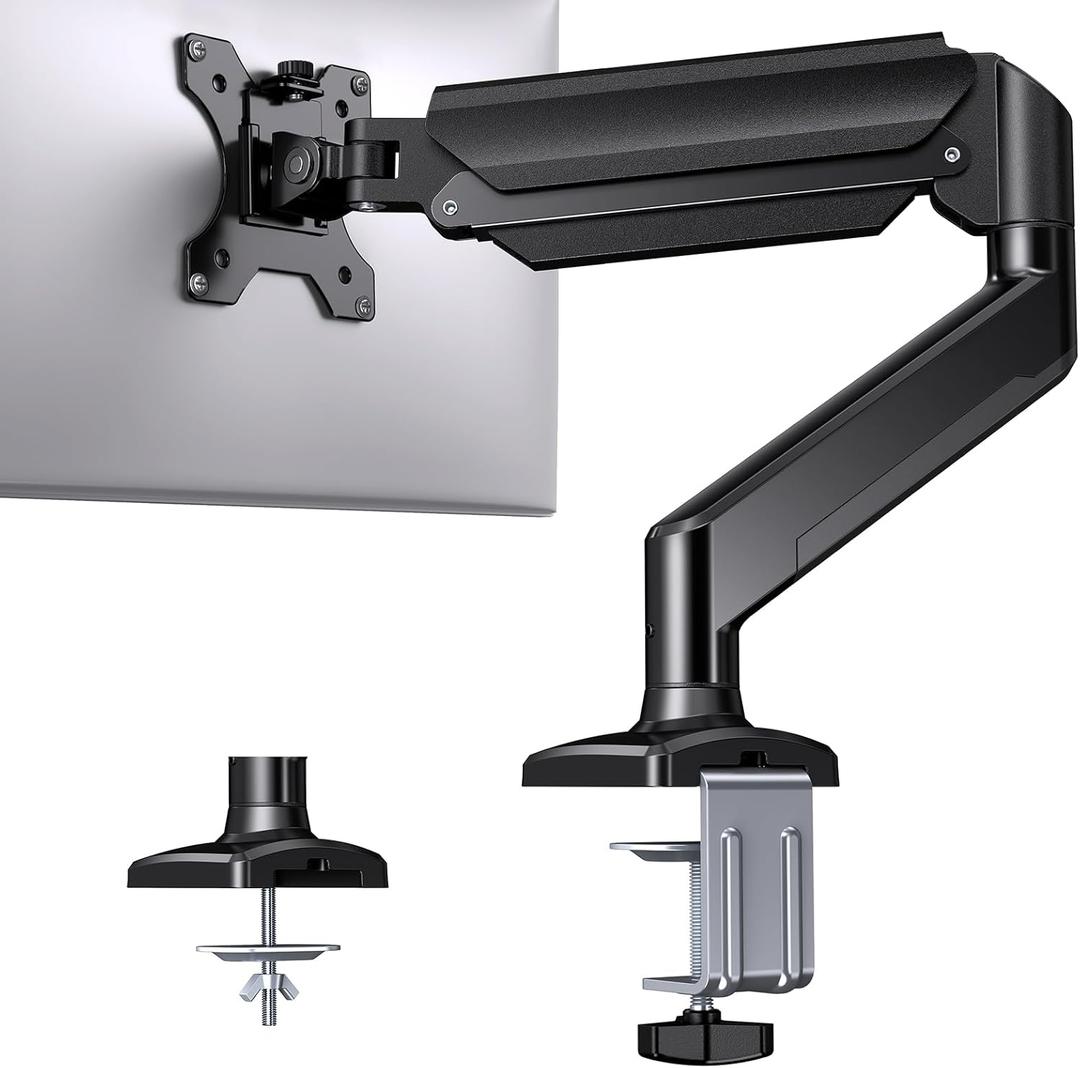 HUANUO Single Monitor Arm 13-34 Inch, Adjustable Gas Spring Arm, Monitor Desk Mount for 4.4-22lbs, VESA 75/100mm with C-Clamp/Grommet Base, Ergonomic Stand for Work/Gaming