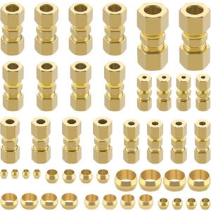 46pcs Brass Compression Tube Pipe Fittings Assortment Kit,1/8" 3/16" 1/4" 5/16" 3/8" 1/2" OD Compression Union Connector & Compression Sleeves Ferrules