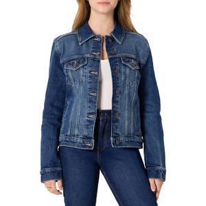 Amazon Essentials Women's Regular-Fit Low Stretch Denim Button-Front Trucker Jacket, Stone Dark Wash, Medium