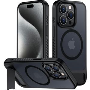 for iPhone 15 Pro Case with Kickstand,[Compatible with Magsafe] Slim Translucent Matte Military-Grade Protection & Anti-Yellowing, Magnetic Phone Case for iPhone 15 Pro, Black