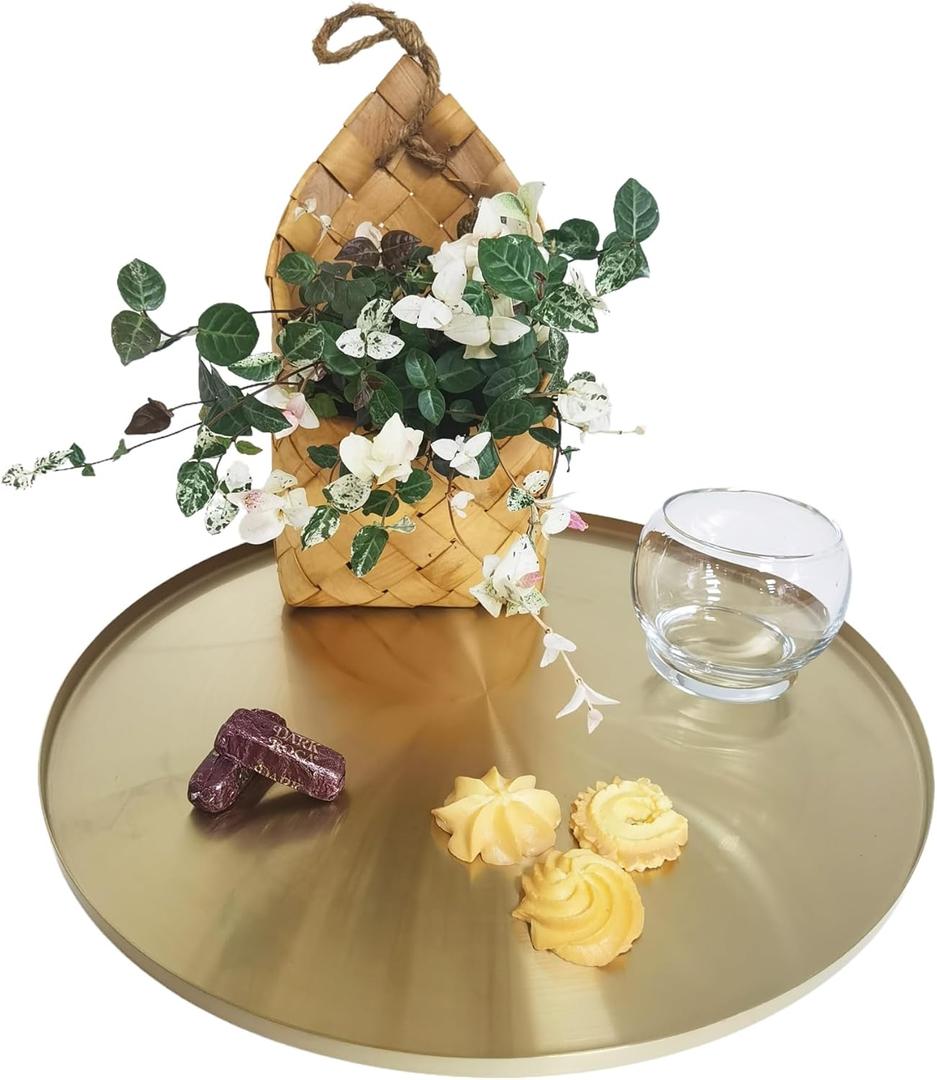 I-LAN Light Gold Metal Decorative Vanity Tray,Bathroom Round Mirror Finish Golden Serving Tray Platter,Brass Circle Table Tray Accent Dresser Perfume Bottle Storage Tray for Display,14"X0.4"