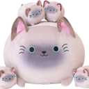 SQEQE Siamese Cat Plush, Cute Stuffed Animals Mommy with 4 Squishy Kitties, Soft Plush Pillow Gifts for Kids