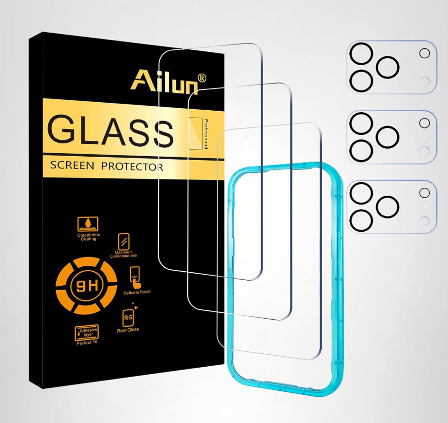 Ailun 3 Pack Screen Protector for iPhone 17 Pro [6.3 inch] + 3 Pack Camera Lens Protector with Installation Frame,Sensor Protection,Dynamic Island Compatible,Case Friendly Tempered Glass Film