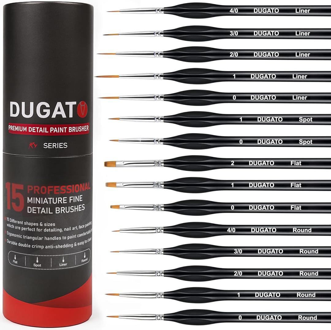 DUGATO Fine Detail Paint Brush Set (15pc) - Miniature Brushes with Ergonomic Triangular Handles & Travel Case for Acrylic, Watercolor, Oil, Models & Warhammer