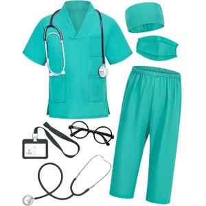 ICECUTE Doctor Costume for Kids Scrubs with Accessories,7Pcs Toddler Halloween Costume for Boy Girls, (4-5T, Green)