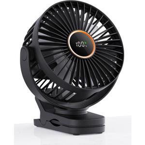 TUNISE Mini Clip on Fan, Battery Operated Desk Fan, Digital display3 Speeds Adjustable, Bidirectional 360 Adjustable, Super Strong Wind, Portable Fan for Home Office Stroller Camping Black