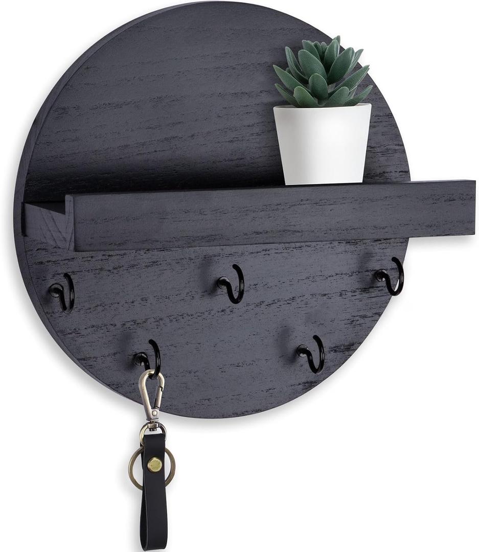 Key Holder for Wall  Decorative Key Hook Shelf for Entryway Decor  7.9 Inch Round Paulownia Wood Hey Hanger with 5 Metal Hooks Includes Mounting Hardware and Installation Guide (Black)