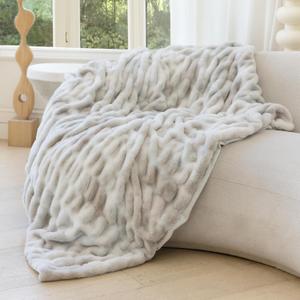 Faux Fur Throw Blanket Ultra Soft & Fluffy with Ruched Design, Cozy Giftable Decorative Blanket for Couch or Bed, Tie-Dye Gray & White, 50"x60"