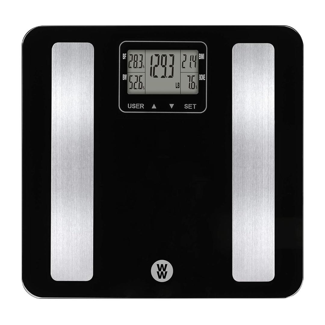 Weight Watchers Scales by Conair BathroomScale for Body Weight,Glass Digital Scale with Body Analysis Measures Body Fat, Body Water,BMI, & Bone Mass for 4 Users, Measures Weight up to 400 Lbs.in Black