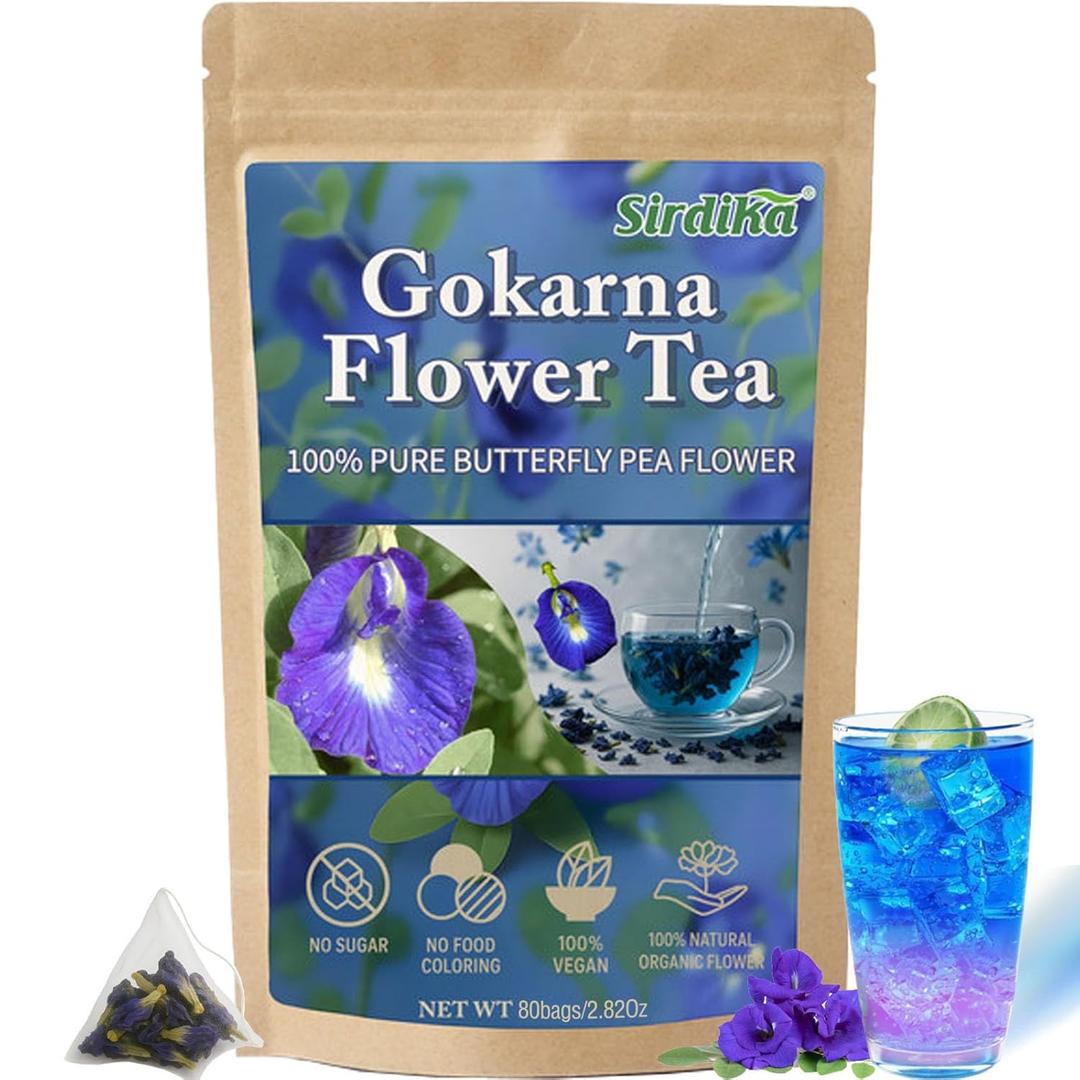 Butterfly Pea Flower Tea Bags - Gokarna Flower Tea, Transparent triangle teabag, Premium Dried Butterfly Pea Flowers, 100% Natural | No Sugar | No Caffeine | No Gluten | Vegan 2.82Oz (1) (EXP 10/28/26)