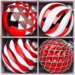 Alupssuc 6''/ 150mm Large Christmas Ball Ornaments, 4Pcs Christmas Tree Decor, Shatterproof Hanging Decorations with Hooks, Red & White Baubles for Xmas Tree, Wedding, Holiday and Party Decor