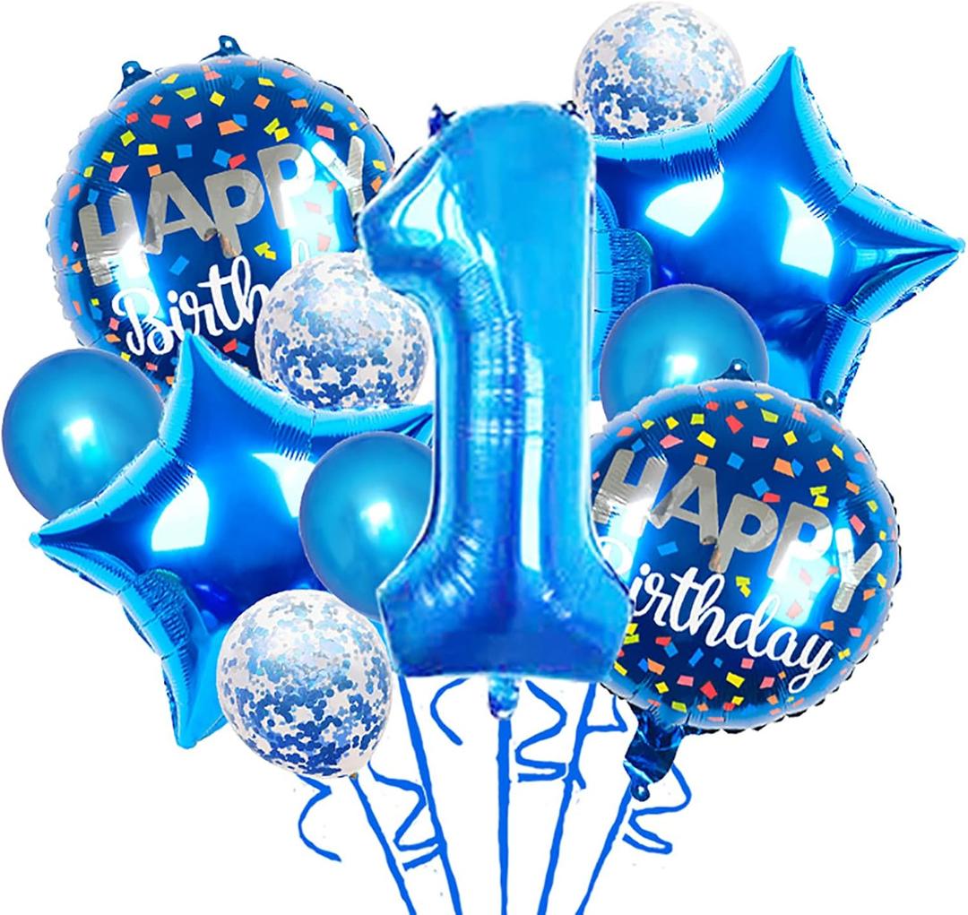 Balloons, 11 pcs Foil Balloons 1 Year Old for 1st Birthday Party Supplies Decoration Confetti Balloon Party Balloons Birthday Party Supplies 1 Years Old Birthday Balloon (1th, Blue)