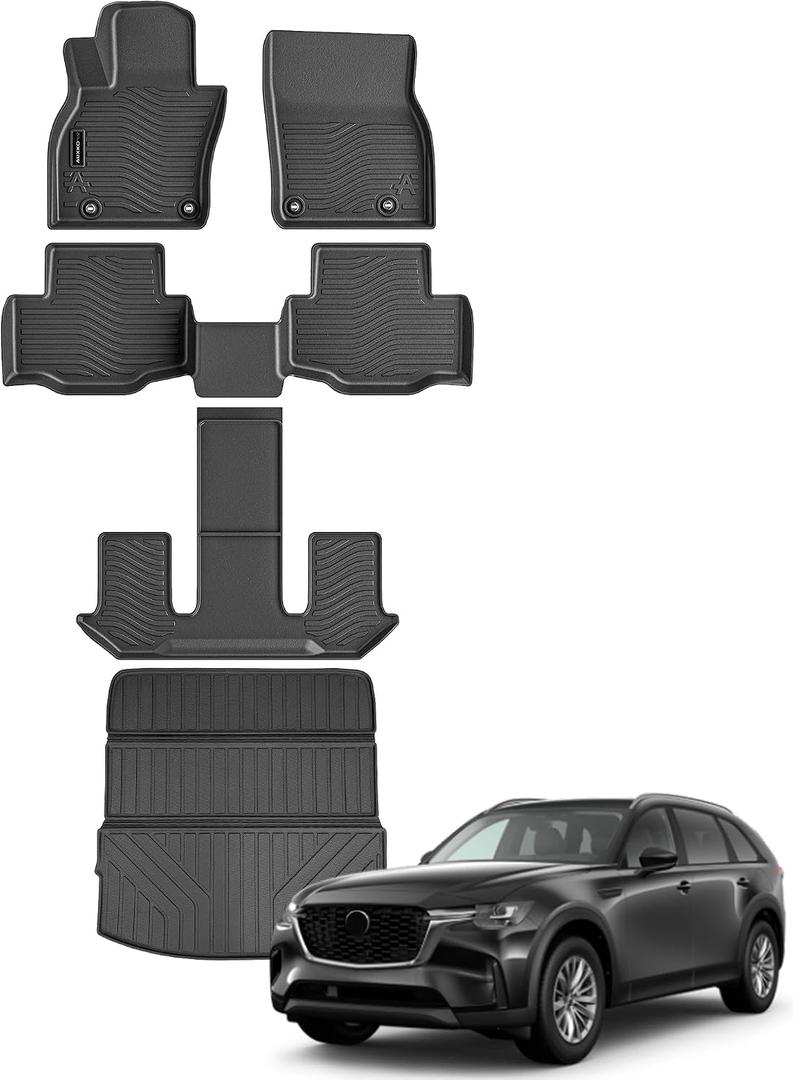 Auxko All Weather Floor Mats Cargo Mat Back Seat Mat Fit for Mazda CX90 6&7 Seat 2026 2025 2024 TPE Floor Liner Trunk Mat CX90 Accessories All Season Odorless Anti-Slip Black