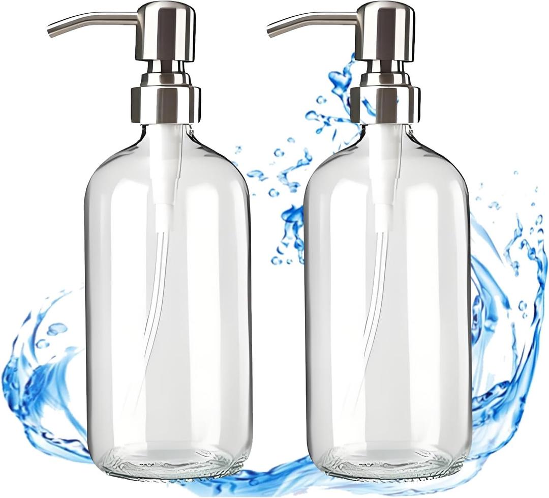 Clear Glass Soap Dispenser - Refillable Liquid Hand Lotion Dispenser for Kitchen Bathroom with Rust Proof Stainless Steel Pump (17OZ/ 500ML) (2 Pack)