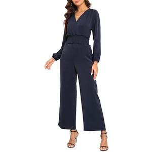 YUNDAI Womens Jumpsuit Fall Long Sleeve V Neck Casual Loose One Piece Outfits Wrap Waist Pants Long Romper with Pockets, Navy, S