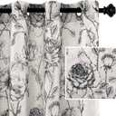 H.VERSAILTEX Boho Floral Linen Curtains, Semi Sheer Light Filtering Curtains, Drapes 84 Inch Length 2 Panels Set, Grommet Top Farmhouse Vintage Curtain, Print Pattern Treatments for Bedroom, Black