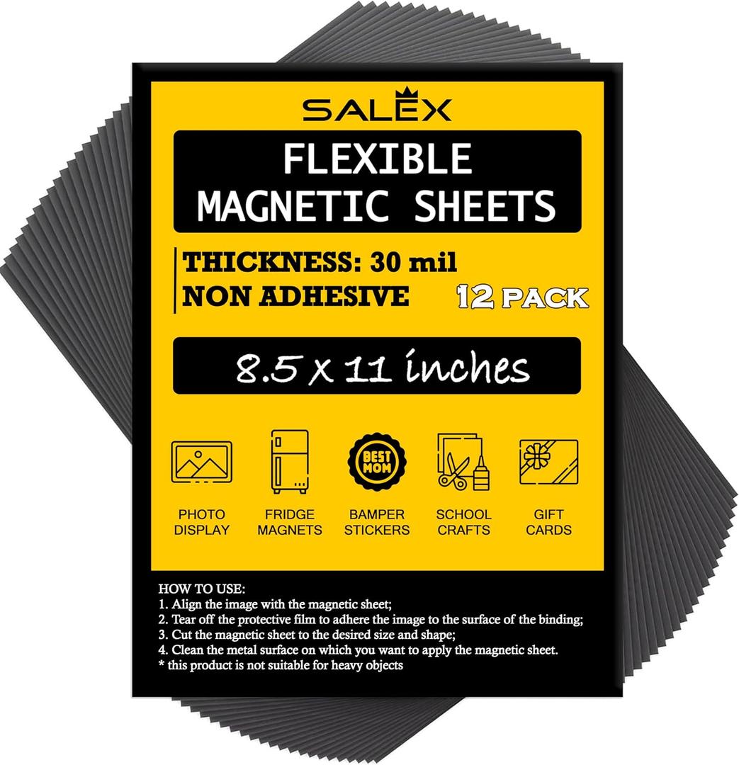 Magnetic Sheets 8.5" x 11" Non Adhesive 30 mil 12 Pack for Dies Storage - Flexible Blank Magnet Sheet 8.5x11 Inch Set for Crafts, DIY, Sign Making, to Make Dots, Square Magnets, Circles, Strips, Tape
