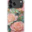 Jusy Compatible with MagSafe Pink Flower Case for iPhone 17 Pro Max, Aesthetic Stained Glass Floral Magnetic Phone Case, Soft TPU and Hard PC Protective Cover for Women Girls (Shiny) - Pink Flower