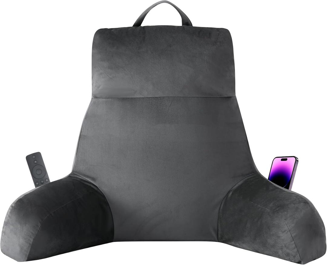 IPYNBAP Reading Pillow with Arms for Adult, Back Pillow for Bed Sitting Up, Shredded Memory Foam Backrest Pillow with Pockets & Removable Washable Cover, Lounging, Watching TV, Reading(24inch Grey)