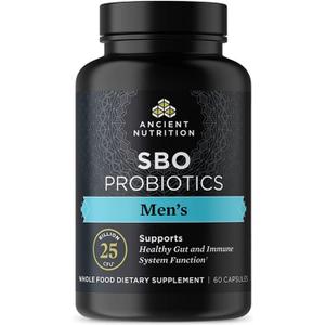 Ancient Nutrition Probiotics for Men, SBO Probiotics Men's 60 Ct, for Gut Health, Digestive and Immune Support, Boosts Muscle Mass and Fat Metabolism, 25 Billion CFUs* Per Serving