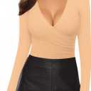 MANGOPOP Women's Cross Wrap Ruched Plunge Sexy Deep V Neck Slim Fit Long Sleeve Fleece Lined T Shirt Tunic Tops Tee (X-Large, Nude)