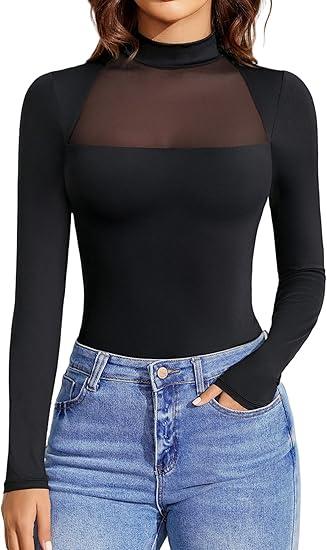 Avidlove Bodysuits for Women Summer Tops Mesh Crew Neck Leotards Shirts Sleeveless Going Out Bodysuit Tops Black, XL