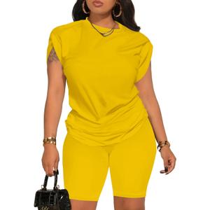 PINSV Women 2 Piece Outfits Summer Sweatsuits Biker Short Workout Jogger Sets (XX-Large, Yellow)