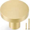 QOGRISUN 5 Pack Gold Cabinet Knobs, Solid Brass Knobs for Dresser Drawers, Brushed Brass Round Kitchen Hardware Heavy Duty, 1 Inch Diameter