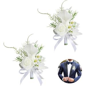 2PCS Calla Lily Boutonniere Handmade Romantic White Corsage Suitable for Wedding Ceremony, Anniversary, Dinner Dance (2), 10 x 14 cm